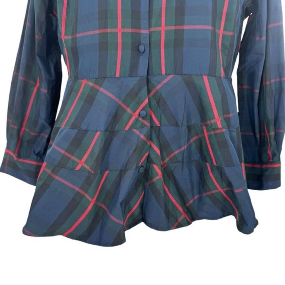 Pomander Place NEW Fraser Navy Plaid Ashlen Peplum Long Sleeve Blouse Top Size L - Picture 6 of 9